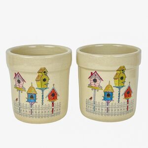 Shaker & Thangs Pottery Crocks Lot 2 Birdhouses Marshall TX Planters 5.5 Tall